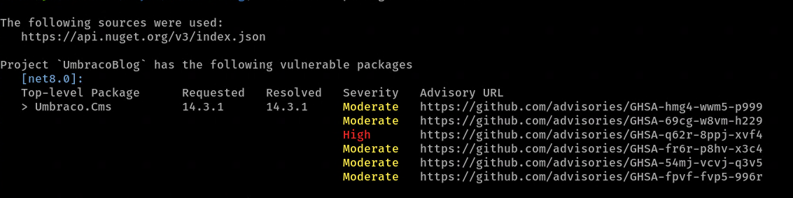 screenshot of the vulnerabilities shown by dotnet list package --vulnerable